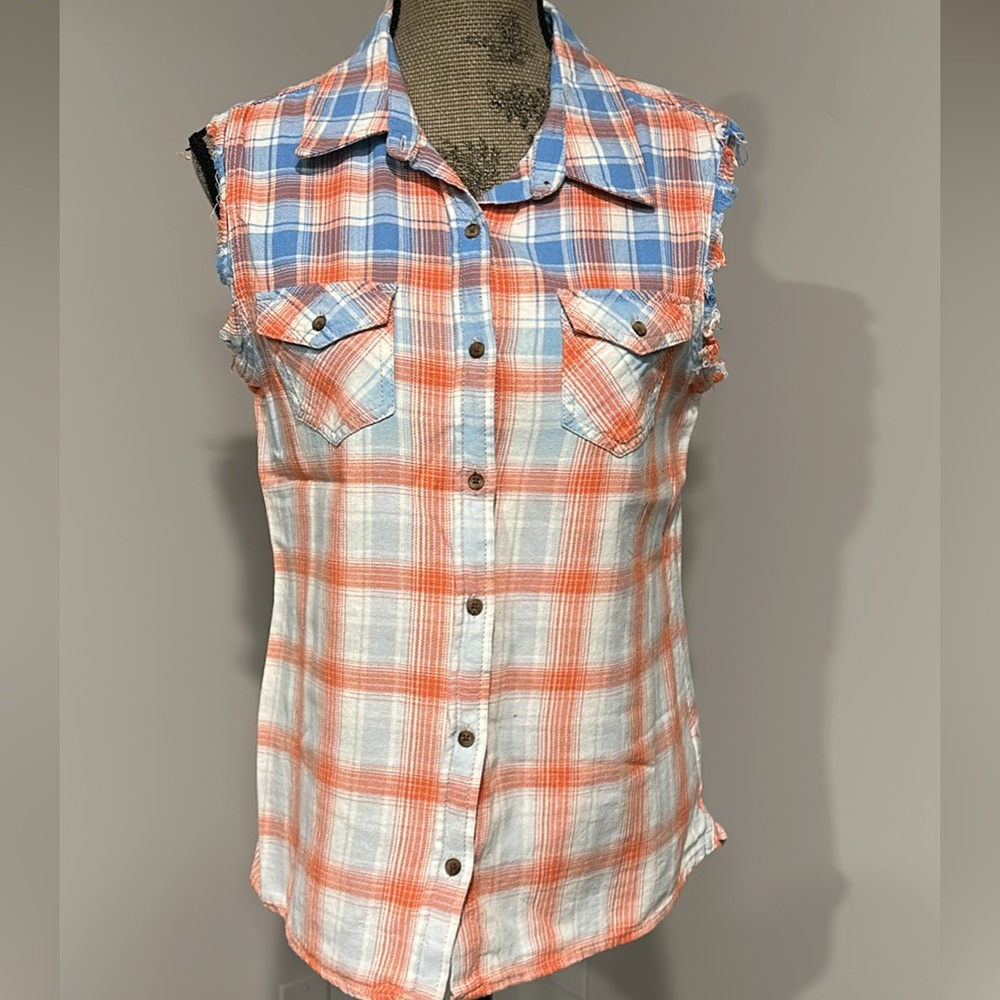 Hippie Laundry Sleeveless Plaid Button Down Shirt Red White Blue Size Large
